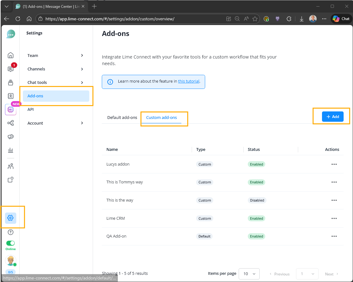 Lime Connect custom add-on configuration step 1