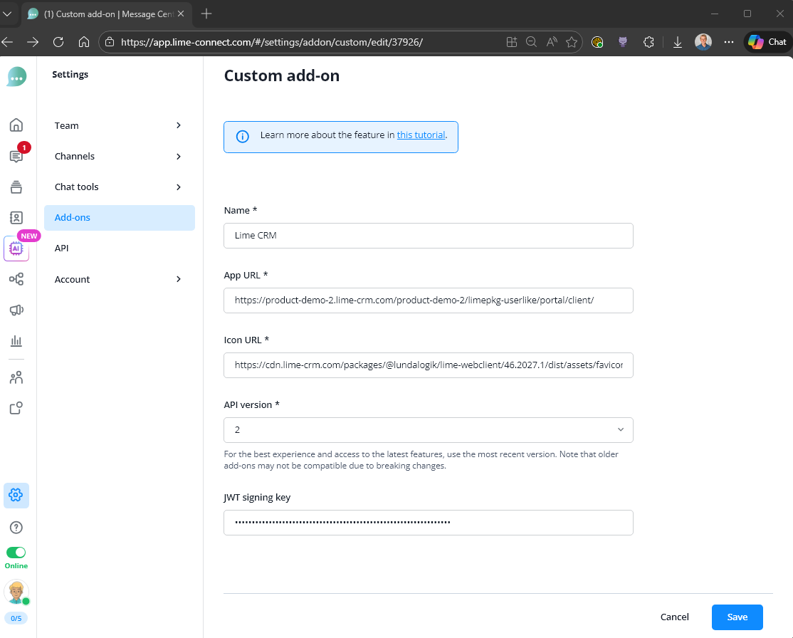 Lime Connect custom add-on configuration step 2